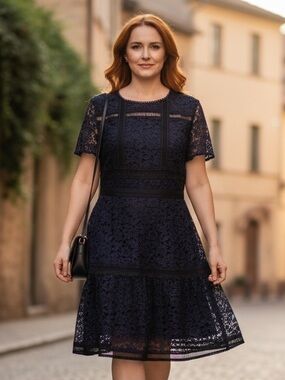 chinese dress ladies Ann Taylor Loft Navy with Lace Overlay Shift Dress- Size 10 main image 1